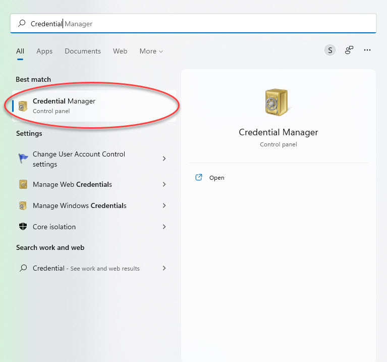 Credential Manager in the Start Menu