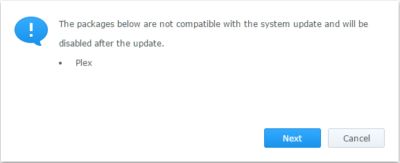 DSM 6.1.1 update error — Plex incompatibility warning