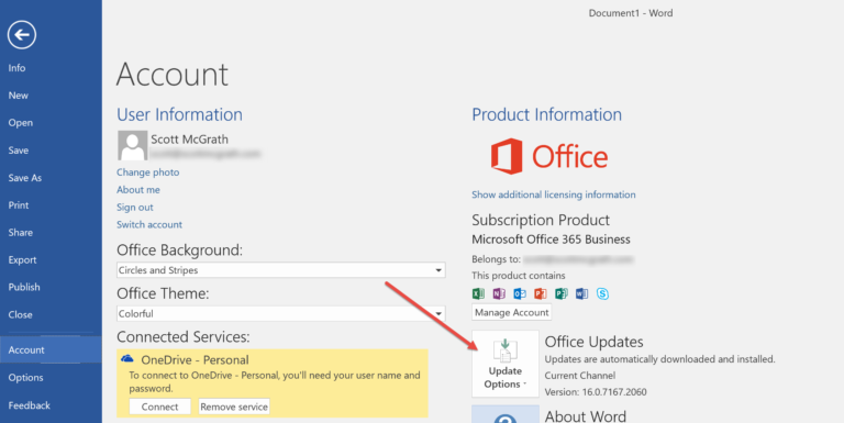 Office update options menu
