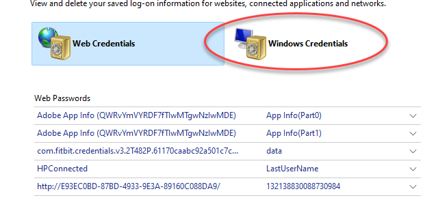Windows Credentials tab in Credential Manager