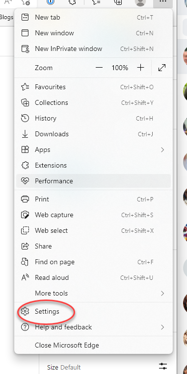 Settings option in the Edge menu