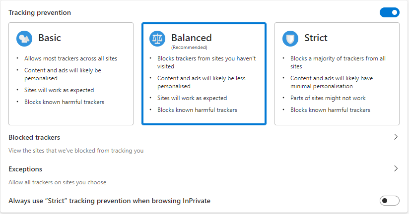 Tracking Prevention set to Balanced