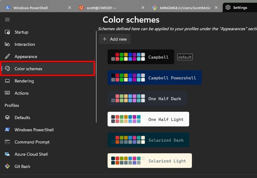 Color Schemes in Windows Terminal settings